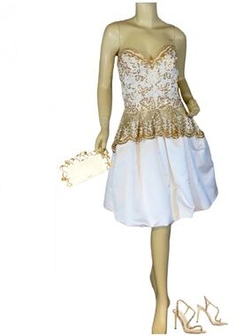 VINTAGE 1990'S FABRICE SILHOUETTE WHITE & GOLD STRAPLESS SILK SEQUIN DRESS (8)